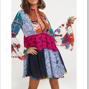 Multi Color Long Sleeve Plunge Mirror Embroidered